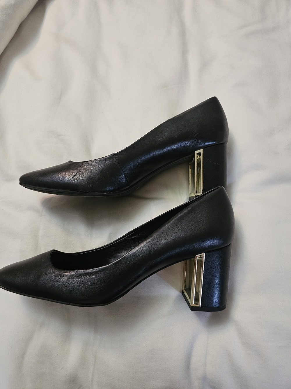 Women’s Black Block Heel Pumps with Gold Accent Detail